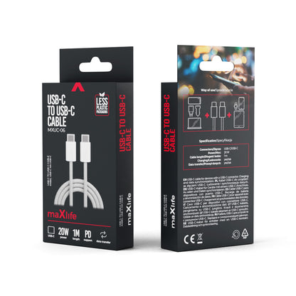 USB-C til USB-C data- og ladekabel MaXlife MXUC-06, 20W, 1m, Grå