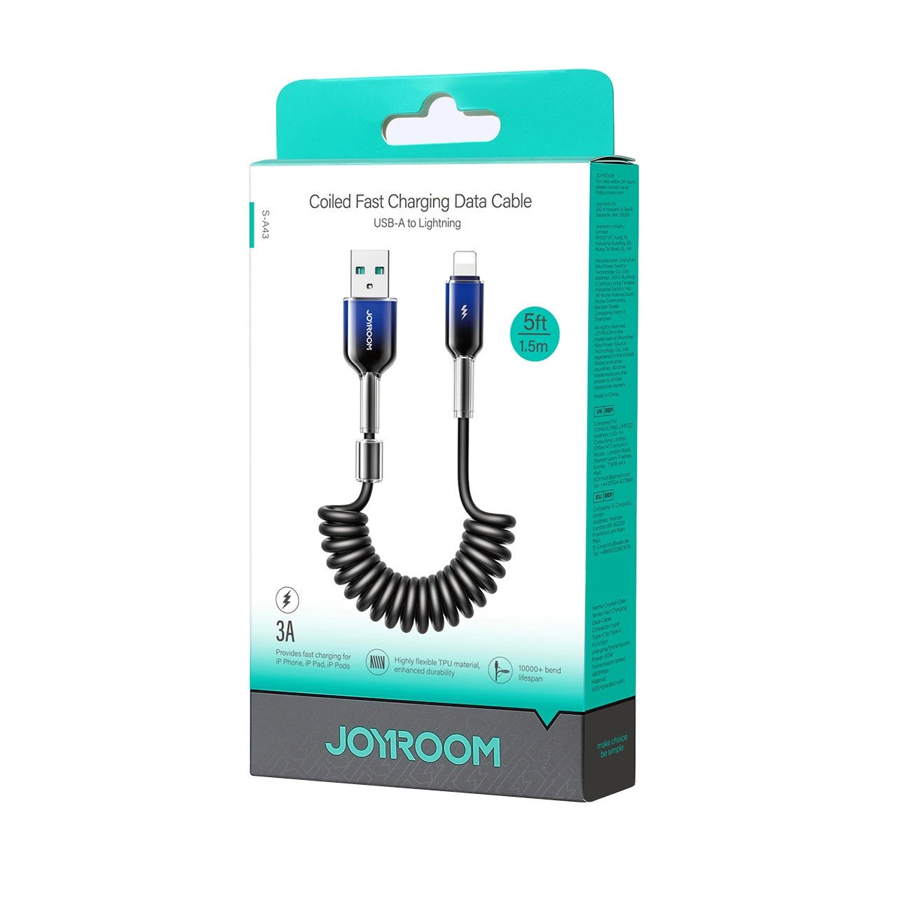 Data- og ladekabel USB-A - Lightning Joyroom S-A43 Crystal, 18W, 1.5m, Svart