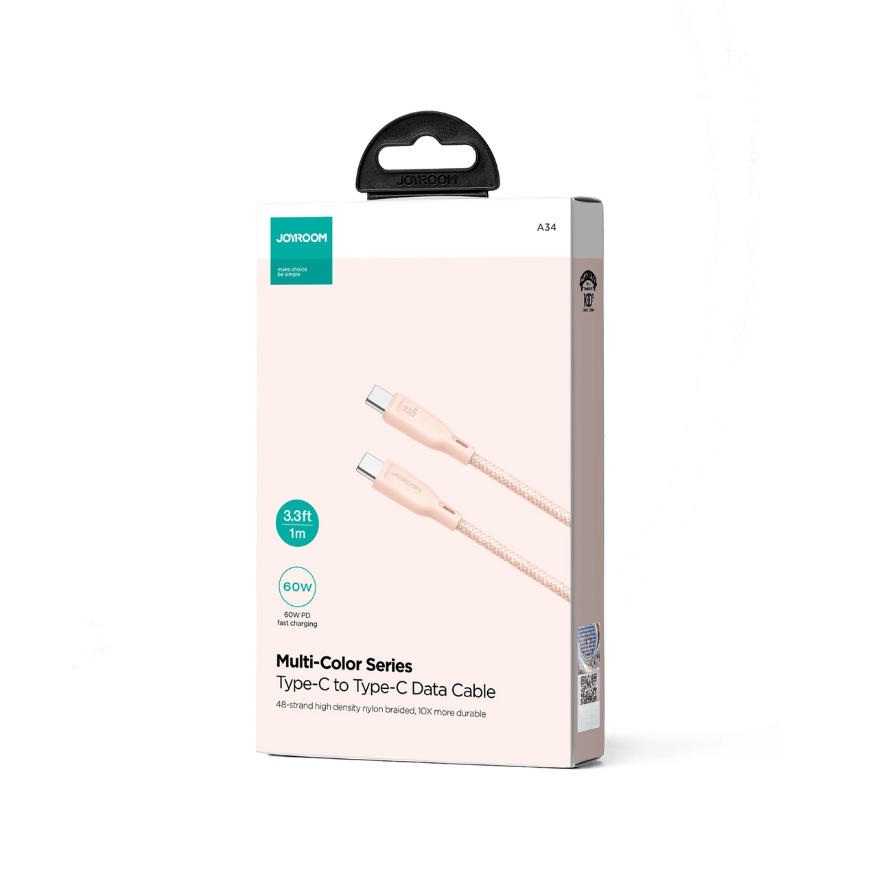 USB-C til USB-C data- og ladekabel Joyroom S-A34, 60W, 1m, Rosa