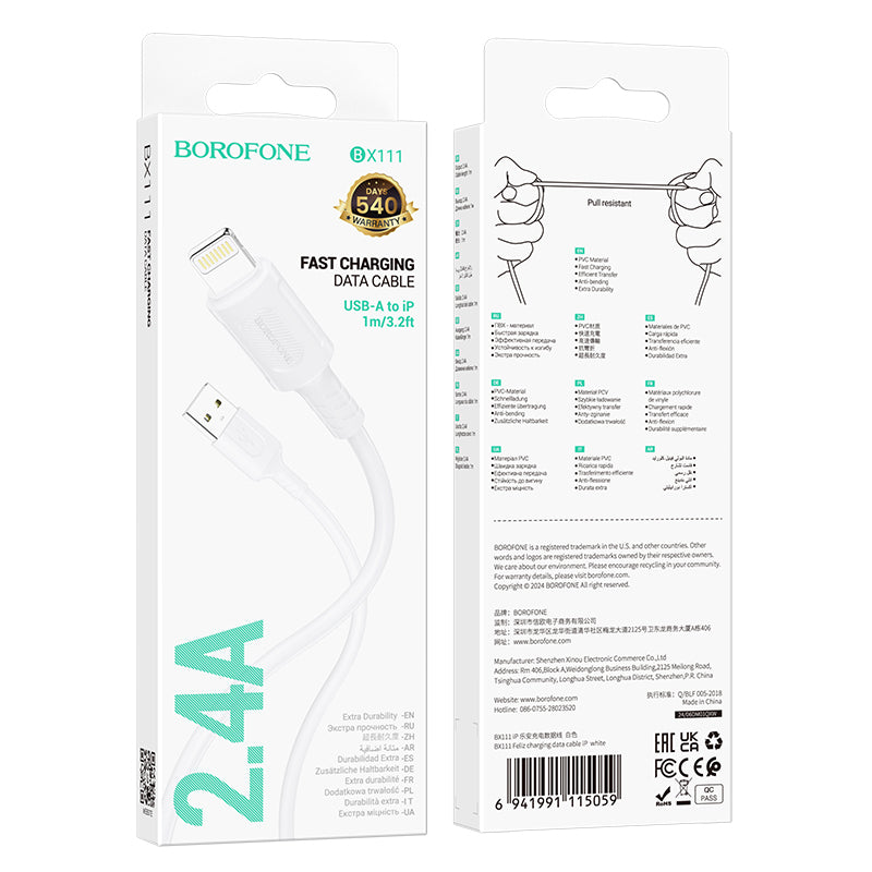 Data- og ladekabel USB-A - Lightning Borofone BX111 Feliz, 18W, 1m, Hvit