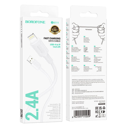 Data- og ladekabel USB-A - Lightning Borofone BX111 Feliz, 18W, 1m, Hvit
