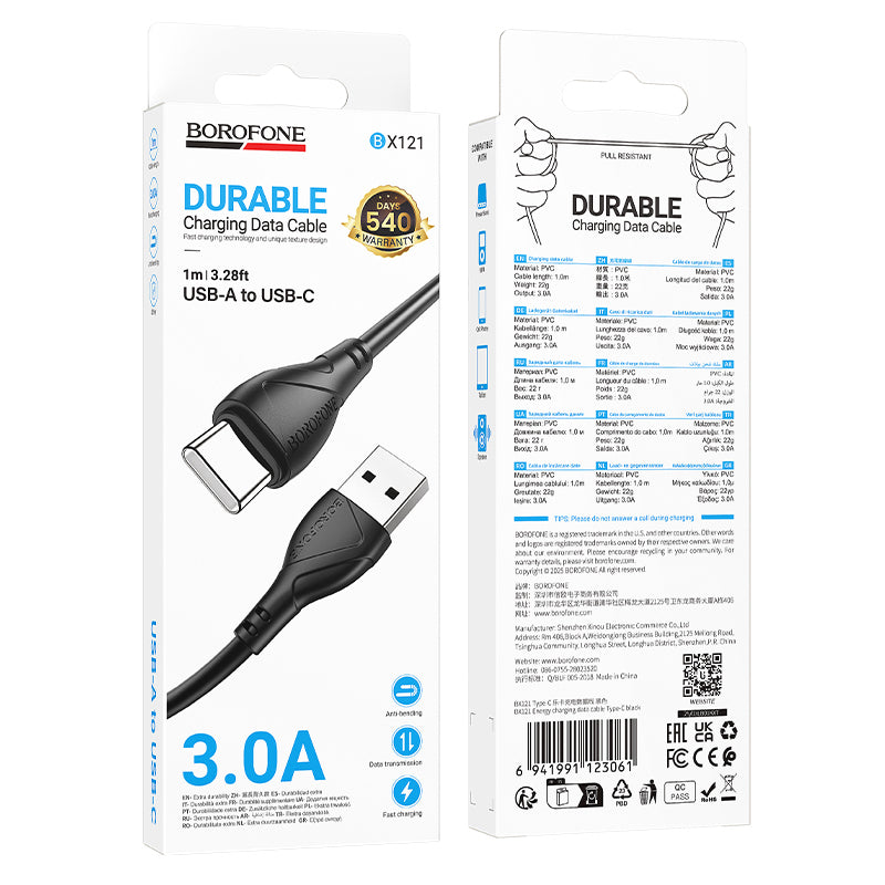 USB-A til USB-C data- og ladekabel Borofone BX121 Energy, 18W, 1m, Svart