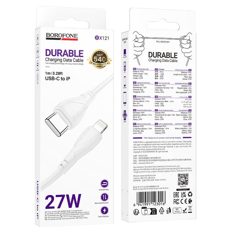 USB-C til USB-C data- og ladekabel Borofone BX121 Energy, 60W, 1m, Hvit