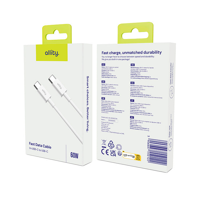 USB-C til USB-C data- og ladekabel Allity. AUC-03, 100W, 1m, Hvit
