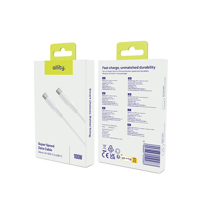 USB-C Data- og Ladekabel - USB-C Allity. AUC-02, 100W, 2m, Hvit