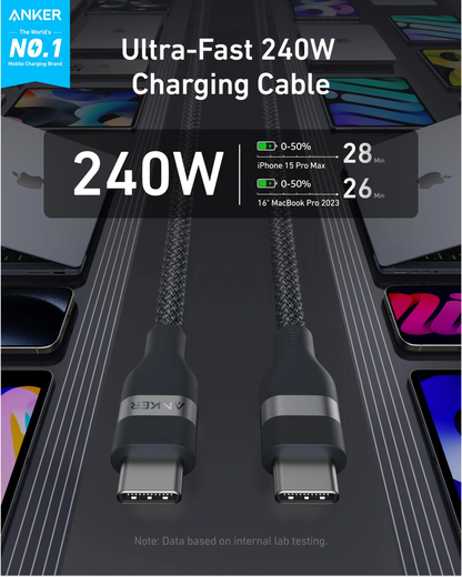 USB-C til USB-C Anker data- og ladekabel, 240W, 1.8m, Svart A82E2H12