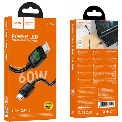 USB-C til USB-C data- og ladekabel HOCO U146, 60W, 1.2m, Svart