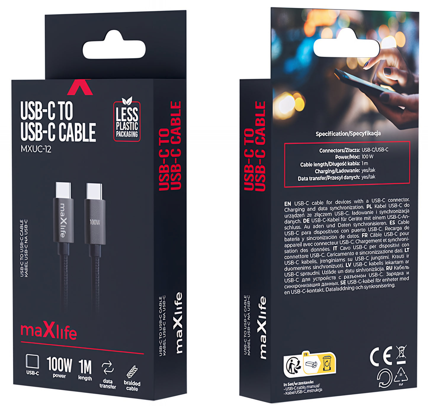 USB-C data- og ladekabel - USB-C MaXlife MXUC-12, 100W, 1m, Svart