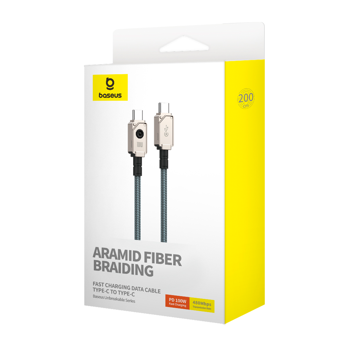 USB-C til USB-C Baseus Unbreakable data- og ladekabel, 100W, 2m, Hvit P10355800221-01