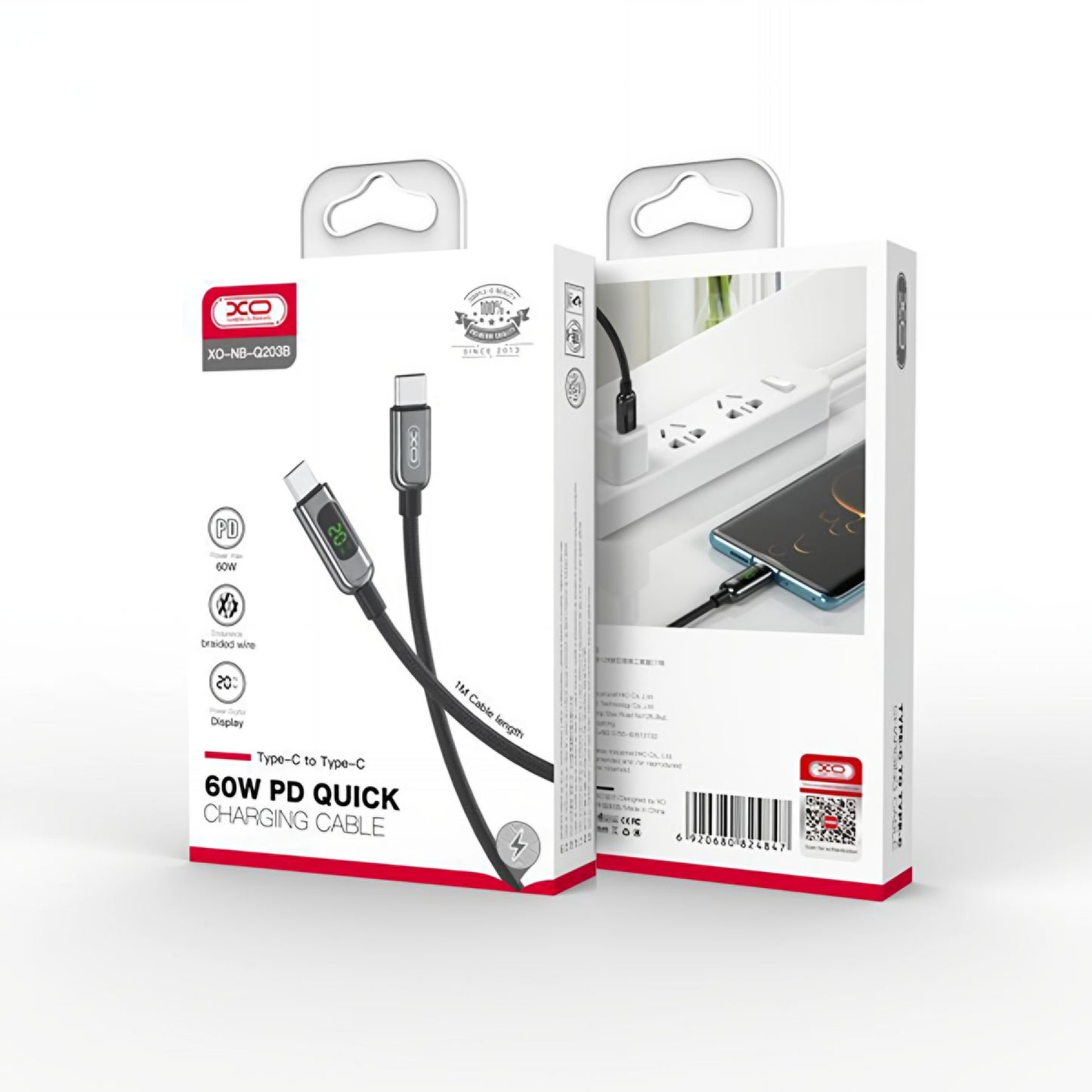 USB-C data- og ladekabel - USB-C XO Design NB-Q203B Display, 60W, 1m, Svart