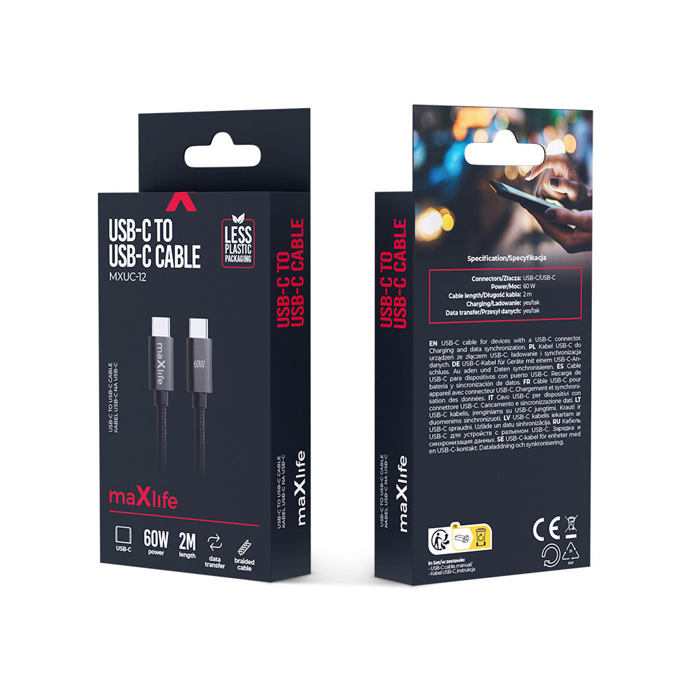 USB-C Data- og Ladekabel - USB-C MaXlife MXUC-12, 60W, 2m, Svart