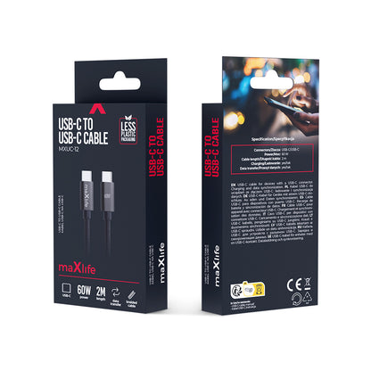 USB-C Data- og Ladekabel - USB-C MaXlife MXUC-12, 60W, 2m, Svart