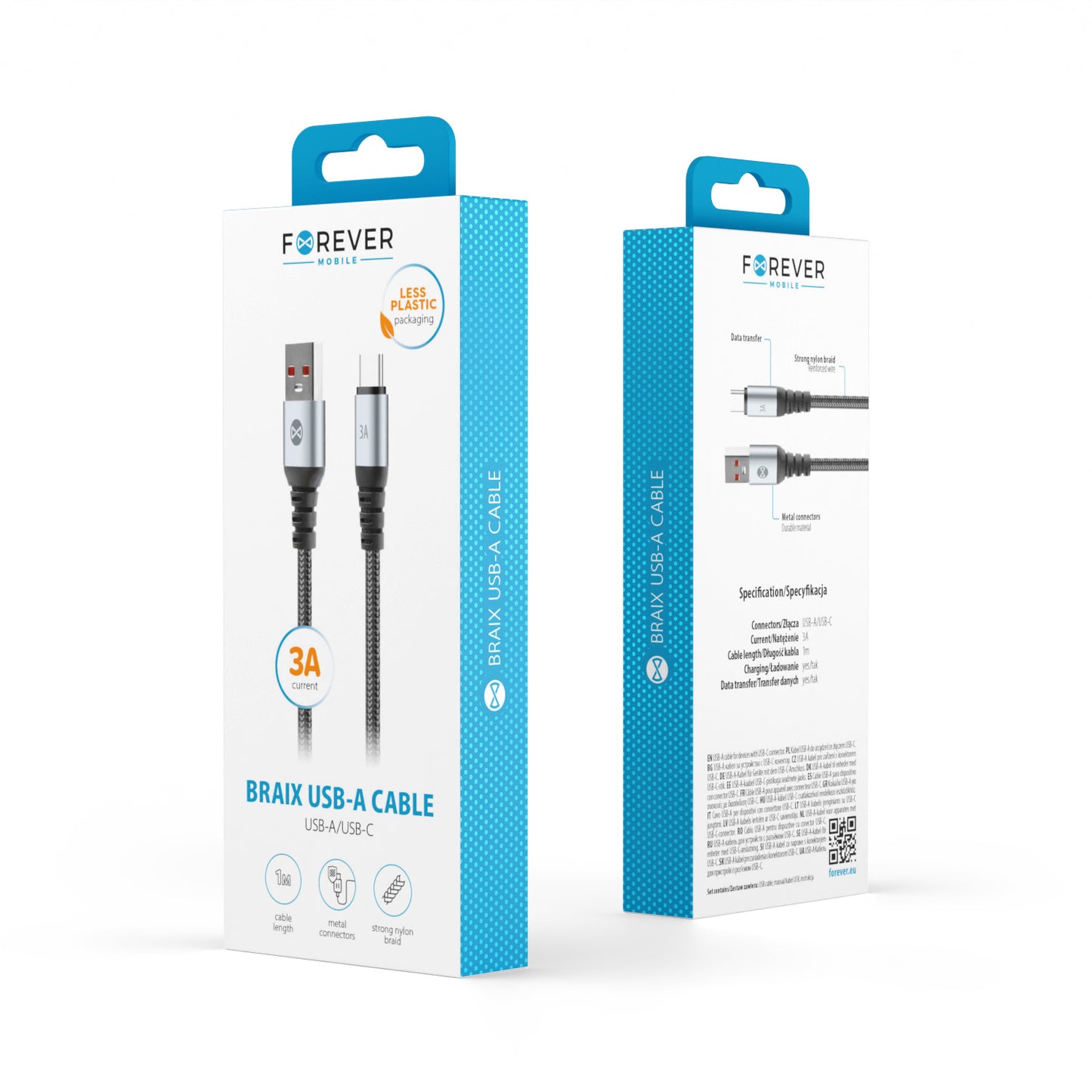 USB-A - USB-C Forever Braix data- og ladekabel, 18W, 1m, Svart