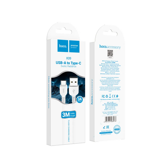 USB-A til USB-C data- og ladekabel HOCO Flash X20, 18W, 3m, hvit