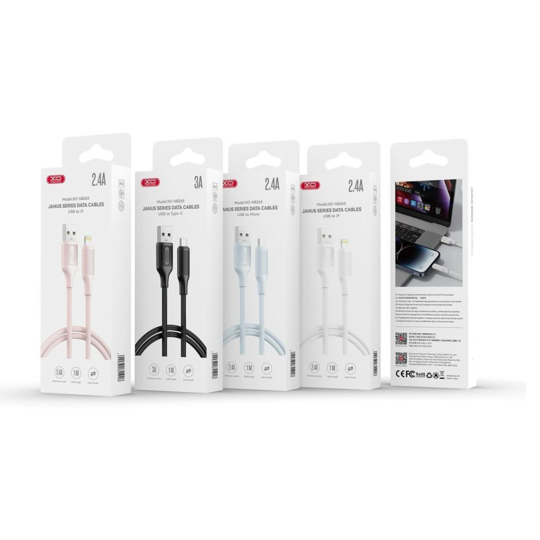 USB-A - USB-C Data- og Ladekabel XO Design NB265, 18W, 1m, Hvit