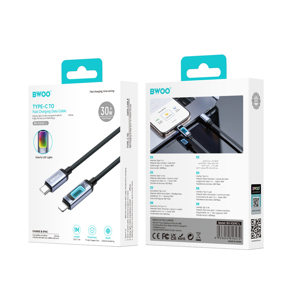 USB-C til Lightning data- og ladekabel BWOO X324CL Display, 30W, 1m, svart