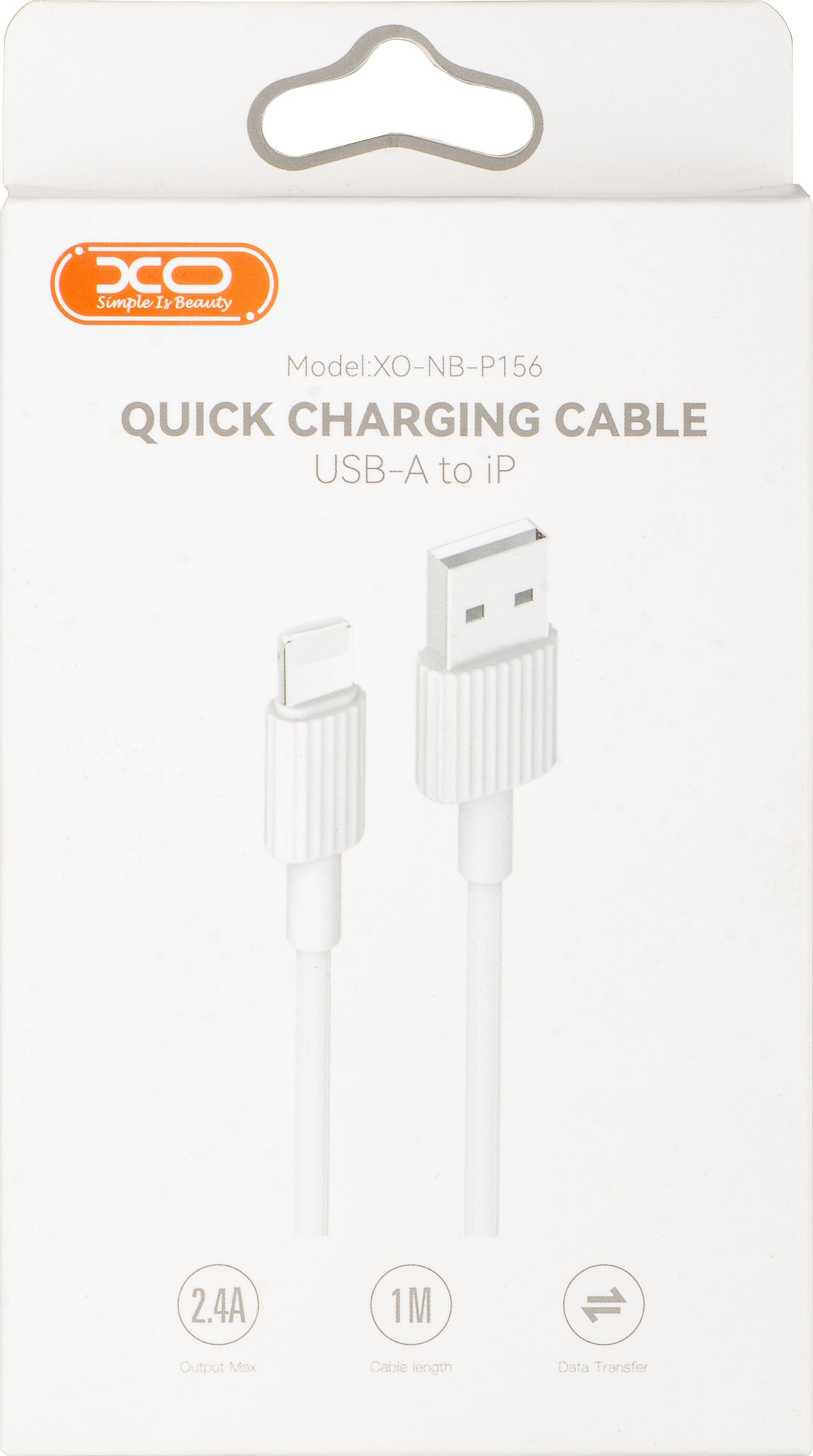 USB-A - Lightning Data og Ladekabel XO Design NB156, 18W, 1m, Hvit