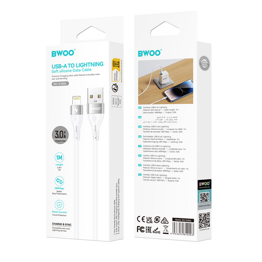USB-A til Lightning data- og ladekabel BWOO X280L, 15W, 1m, hvit