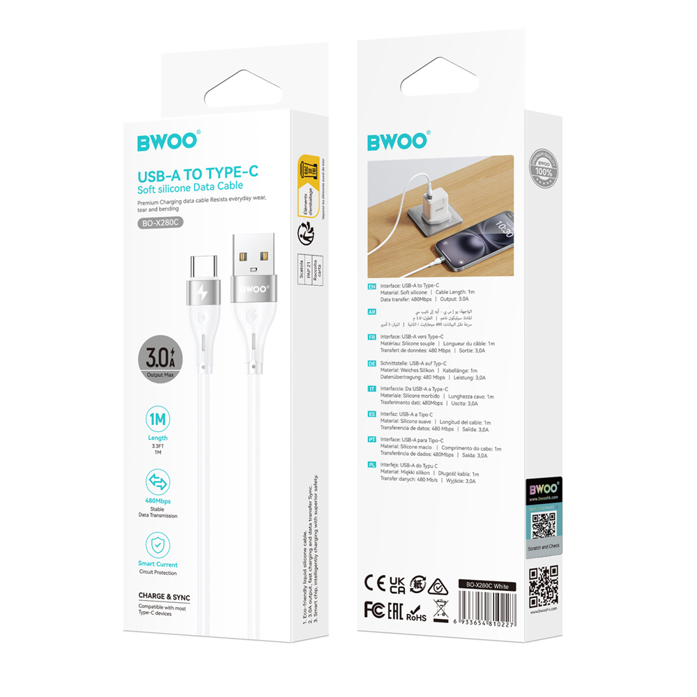 USB-A til USB-C data- og ladekabel BWOO X280C, 15W, 1m, hvit