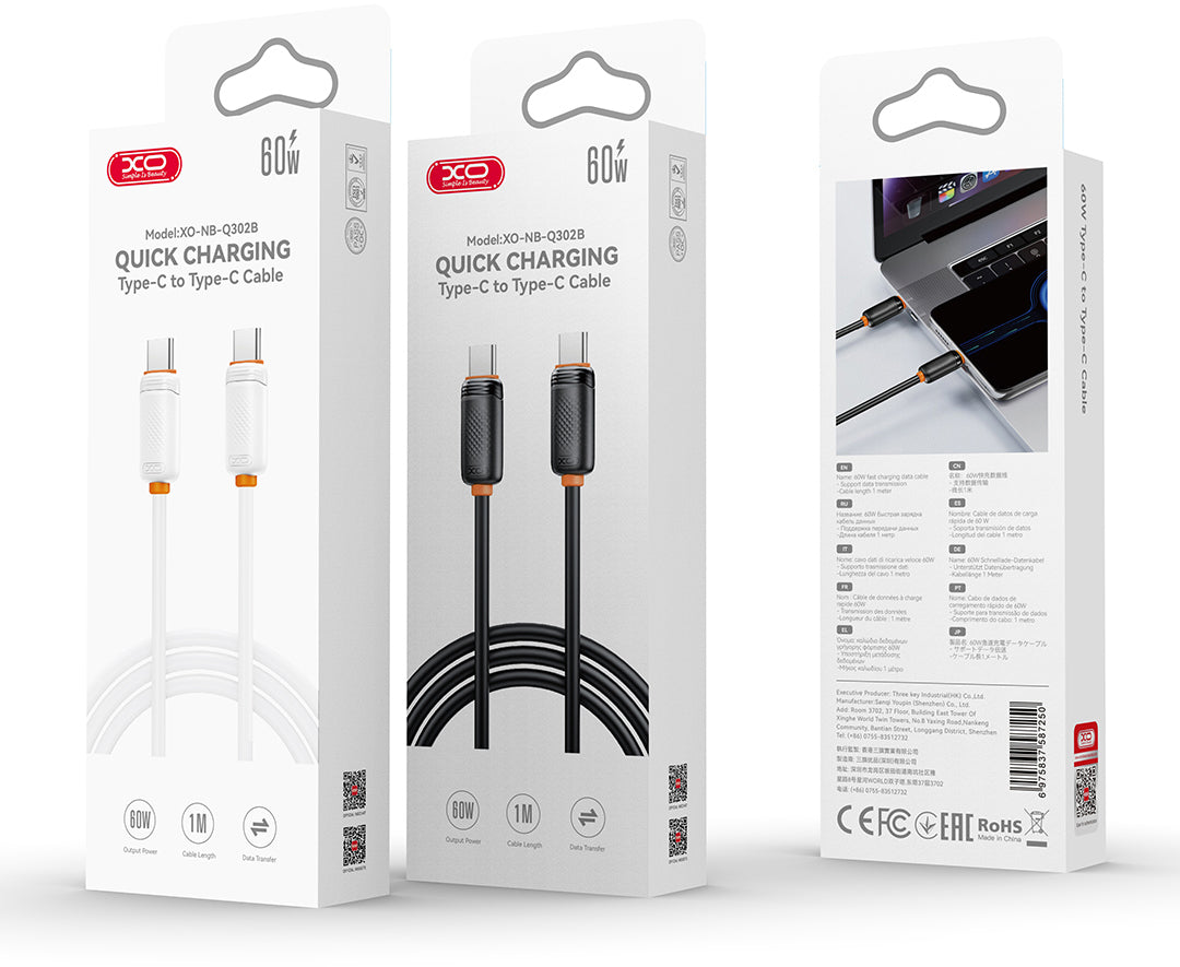 USB-C Data- og ladekabel - USB-C XO Design NB-Q302B, 60W, 1m, Hvit