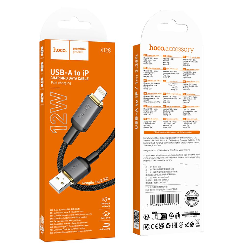 USB-A til Lightning data- og ladekabel HOCO X128 Benefit, 12W, 1m, svart