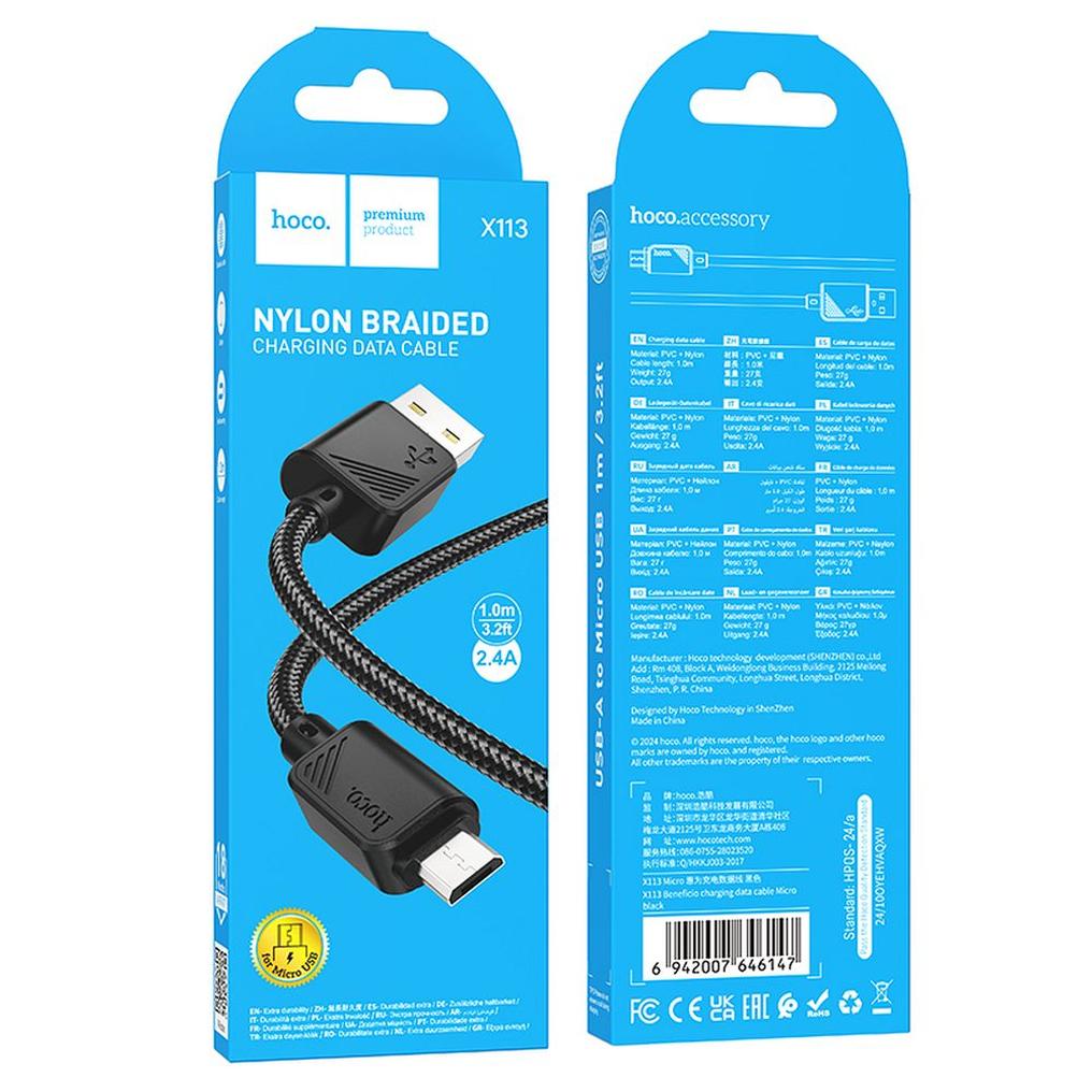 USB-A til microUSB datakabel og ladekabel HOCO X113, 18W, 1m, svart