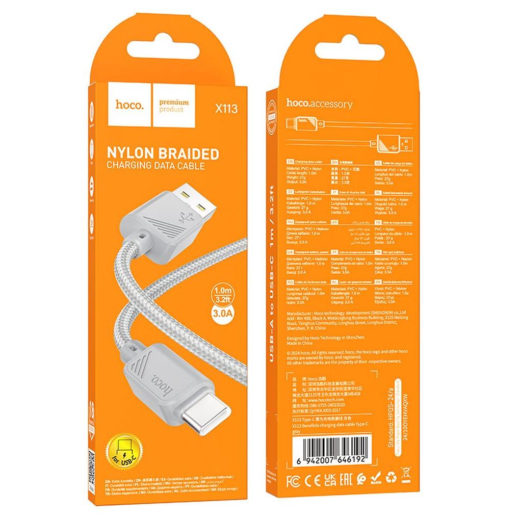 USB-A til USB-C datakabel og ladekabel HOCO X113, 18W, 1m, Grå