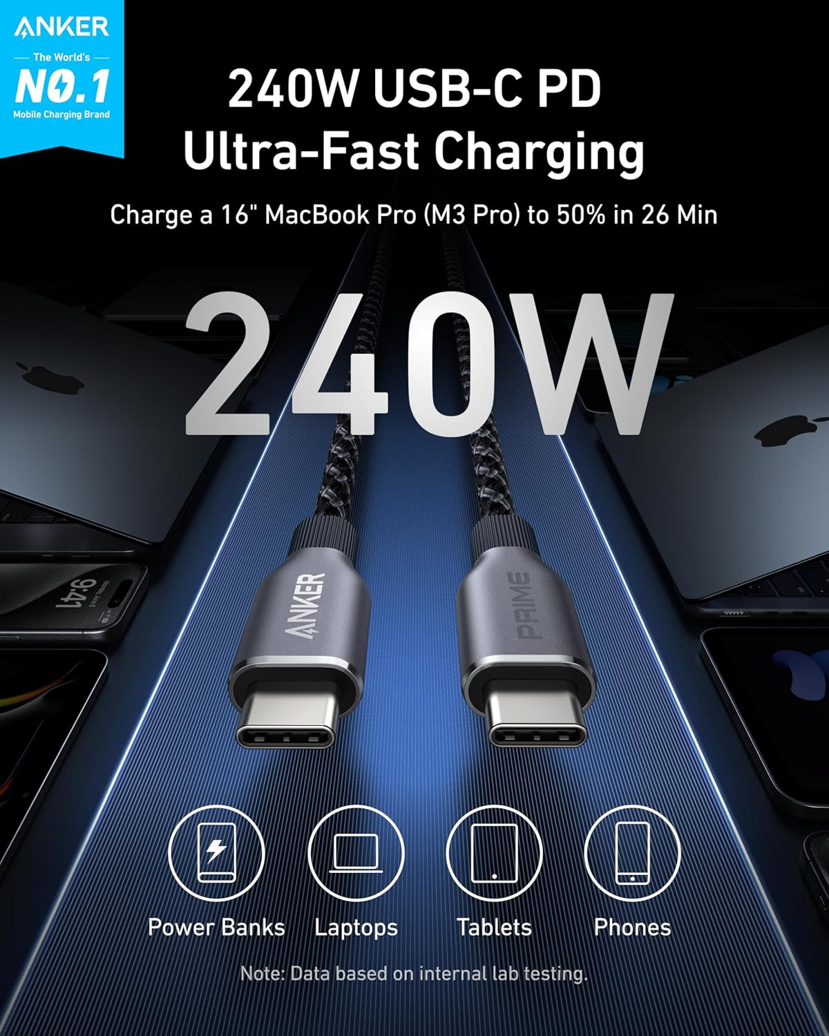 Anker Prime USB-C til USB-C data- og ladekabel, 240 W, 0,9 m, svart A88E2011