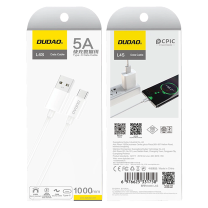USB-A til USB-C data- og ladekabel Dudao L4ST, 100W, 1m, hvit