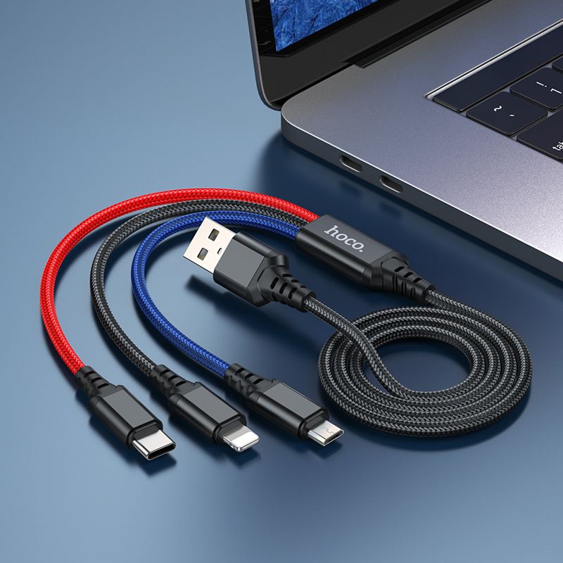 USB-A ladekabel - Lightning / microUSB / USB-C HOCO X76 3i1, 18W, 1m, Flerfarget