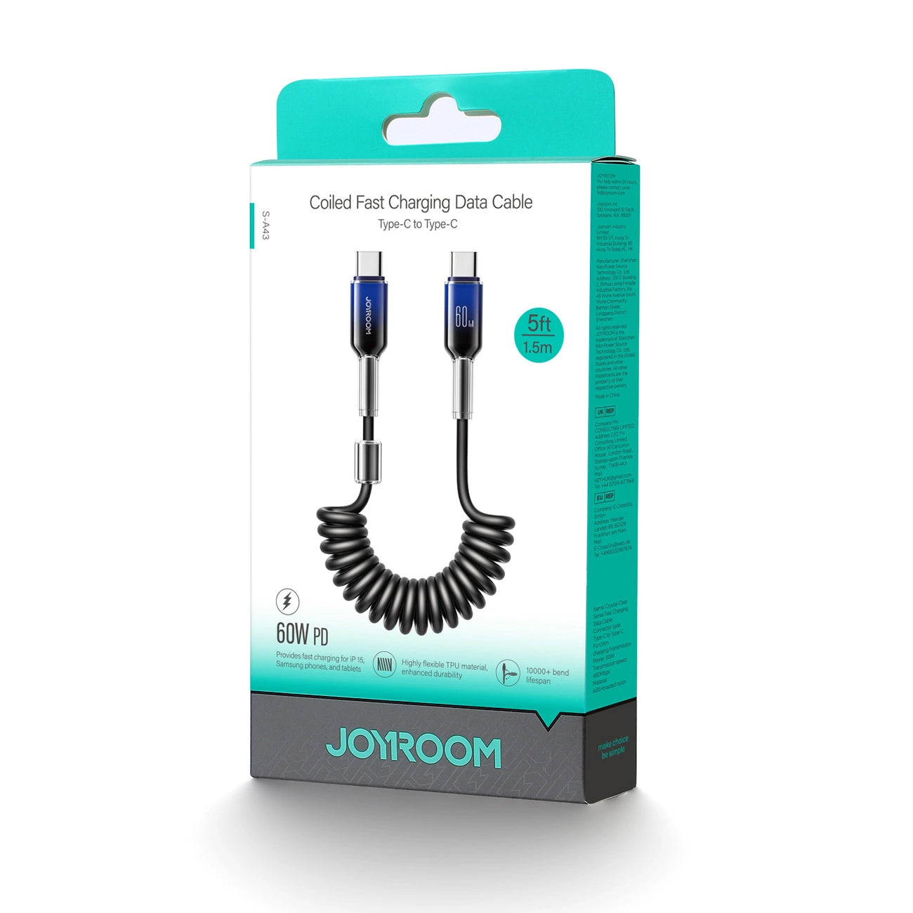 USB-C til USB-C data- og ladekabel Joyroom S-A43 Crystal, 60W, 1.5m, Svart