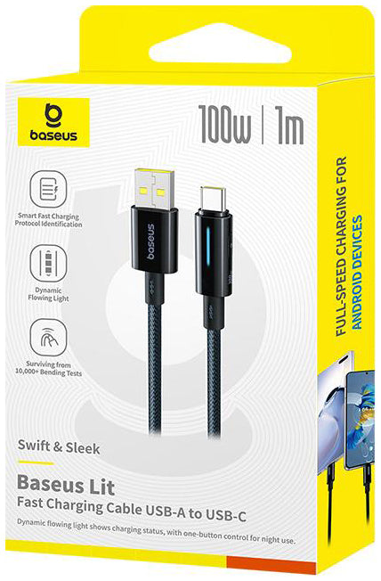 USB-A - USB-C Baseus Lit Button Control data- og ladekabel, 100W, 1m, Svart P10379002121-00