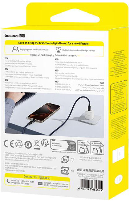 USB-C til USB-C Baseus Lit Button Control data- og ladekabel, 100W, 1m, Svart P10379000121-00