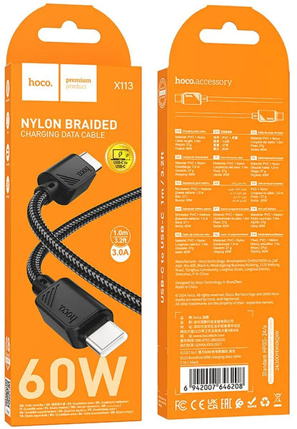 USB-C til USB-C data- og ladekabel HOCO X113, 60W, 1m, Svart