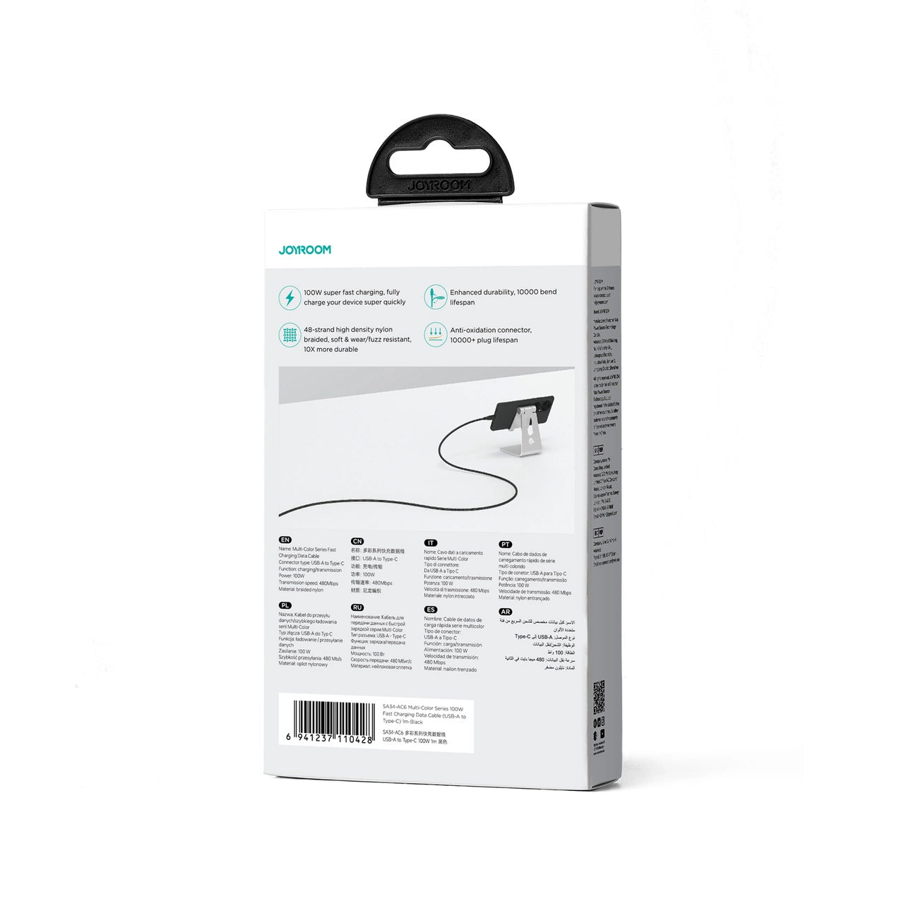 USB-A - USB-C Joyroom Multi-Color S-A34 data- og ladekabel, 100W, 1m, Svart