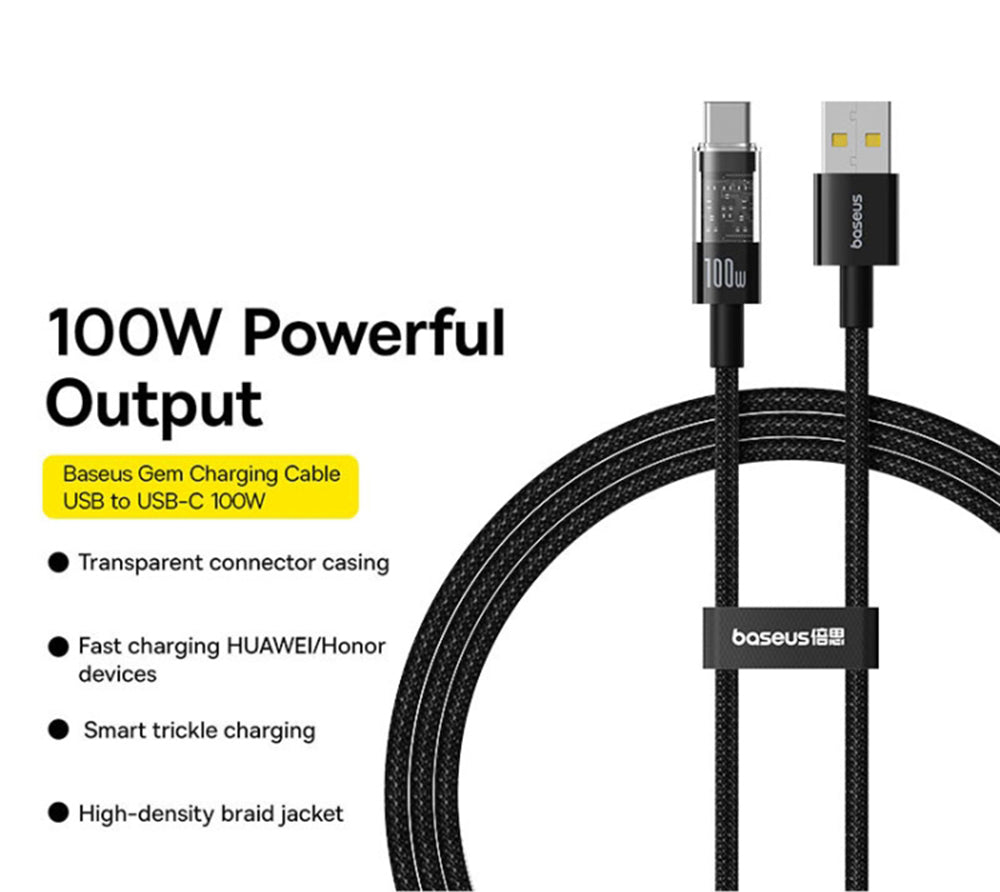USB-A - USB-C Baseus Gem data- og ladekabel, 100W, 2m, Svart P10373002111-01