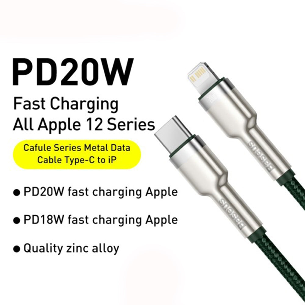 USB-C - Lightning Baseus Cafule Metal Series data- og ladekabel, 20W, 2m, Grønn CATLJK-B06