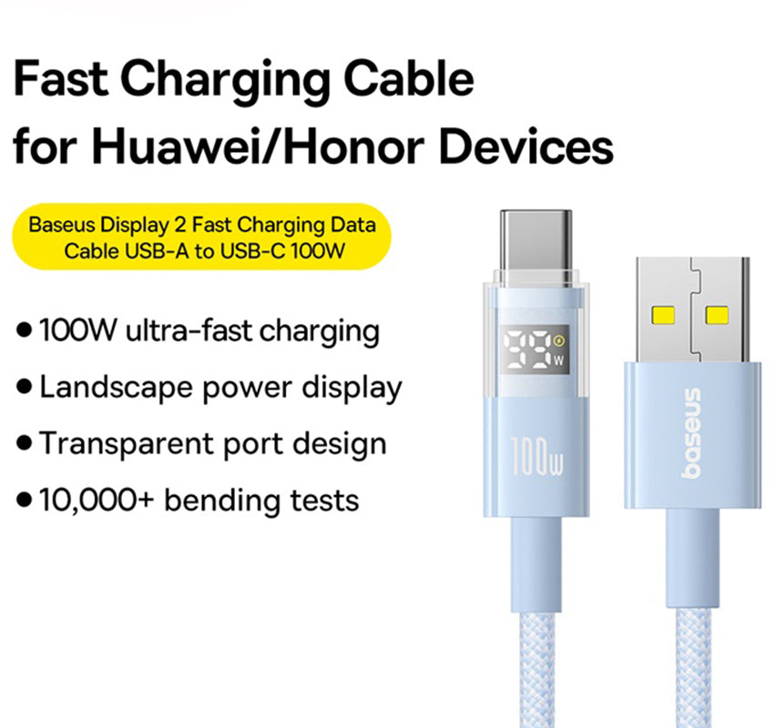 USB-A - USB-C Baseus Display 2 data- og ladekabel, 100W, 2m, Blå P10382701311-01