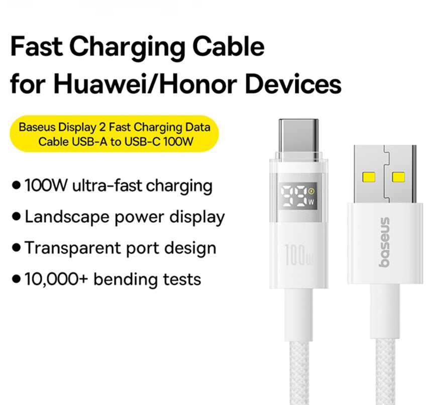 Data- og ladekabel USB-A - USB-C Baseus Display 2, 100W, 2m, Hvit P10382701211-01