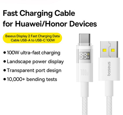 Data- og ladekabel USB-A - USB-C Baseus Display 2, 100W, 2m, Hvit P10382701211-01