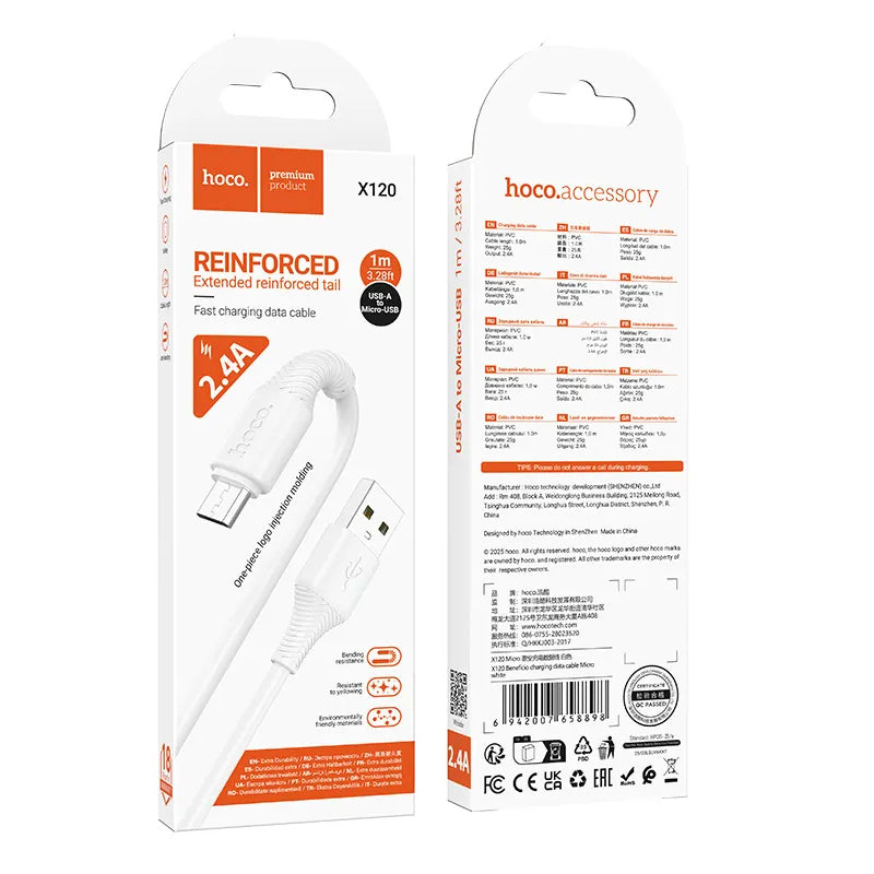 USB-A - microUSB HOCO X120 data- og ladekabel, 18W, 1m, Hvit