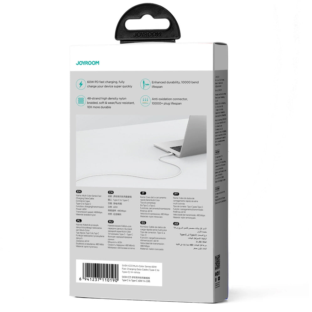 USB-C til USB-C data- og ladekabel Joyroom Multi-Color S-A34, 60W, 1m, Hvit