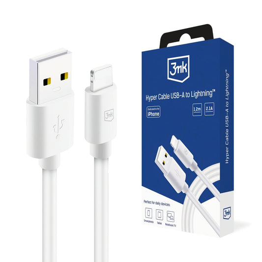 USB-A - Lightning 3MK Hyper data- og ladekabel, 12W, 1.2m, Hvit