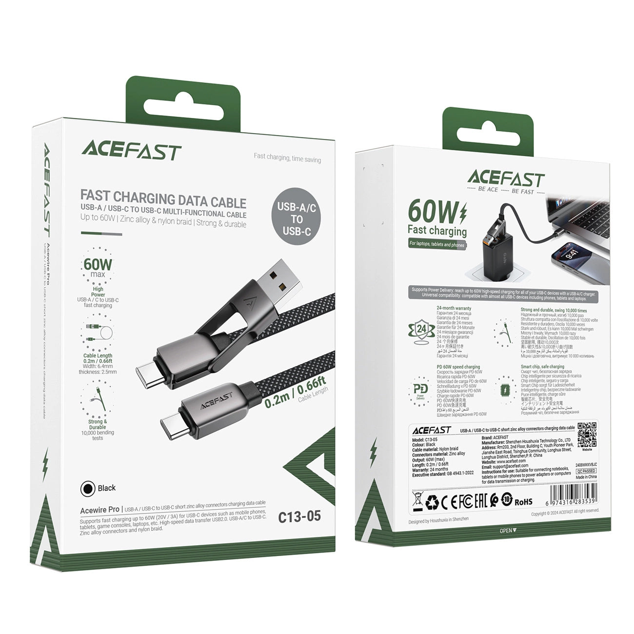 USB-C - USB-A / USB-C Acefast C13-05 data- og ladekabel, 60W, 0.2m, Svart