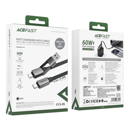 USB-C - USB-A / USB-C Acefast C13-05 data- og ladekabel, 60W, 0.2m, Svart