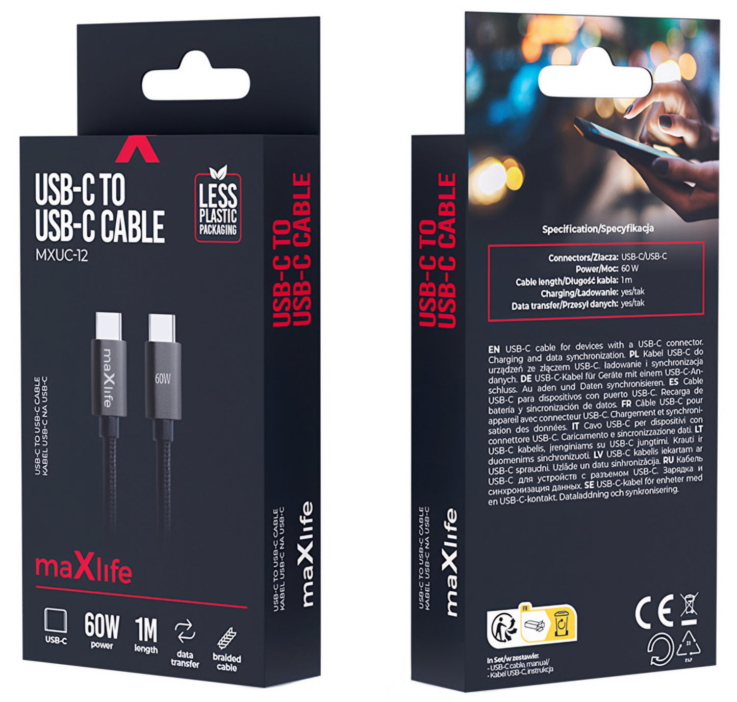 USB-C data- og ladekabel - USB-C MaXlife MXUC-12, 60W, 1m, Svart