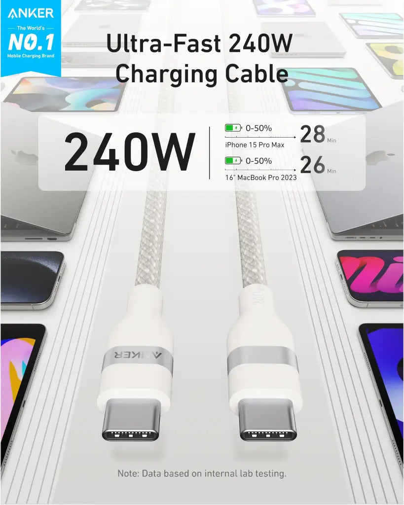 USB-C til USB-C Anker data- og ladekabel, 240W, 0.9m, Hvit A82E2H21