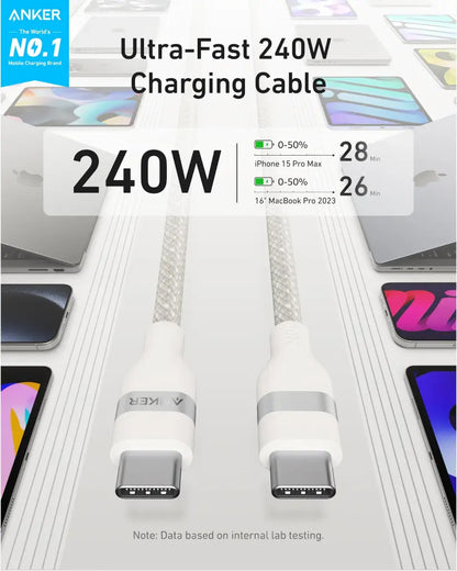 USB-C til USB-C Anker data- og ladekabel, 240W, 0.9m, Hvit A82E2H21