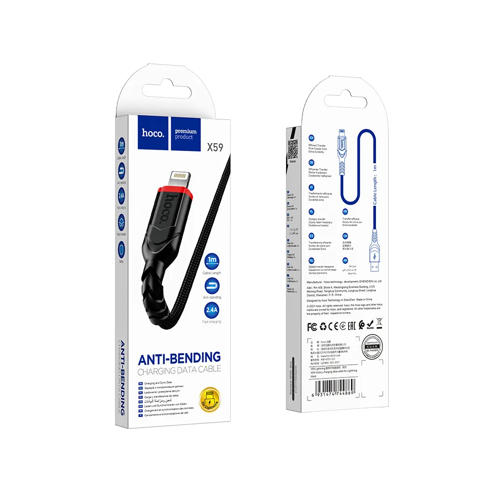Data- og ladekabel USB-A - Lightning HOCO X59 Victory, 18W, 1m, Svart