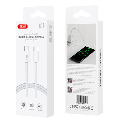 USB-C data- og ladekabel - USB-C XO Design NB-Q260A, 60W, 1m, Hvit